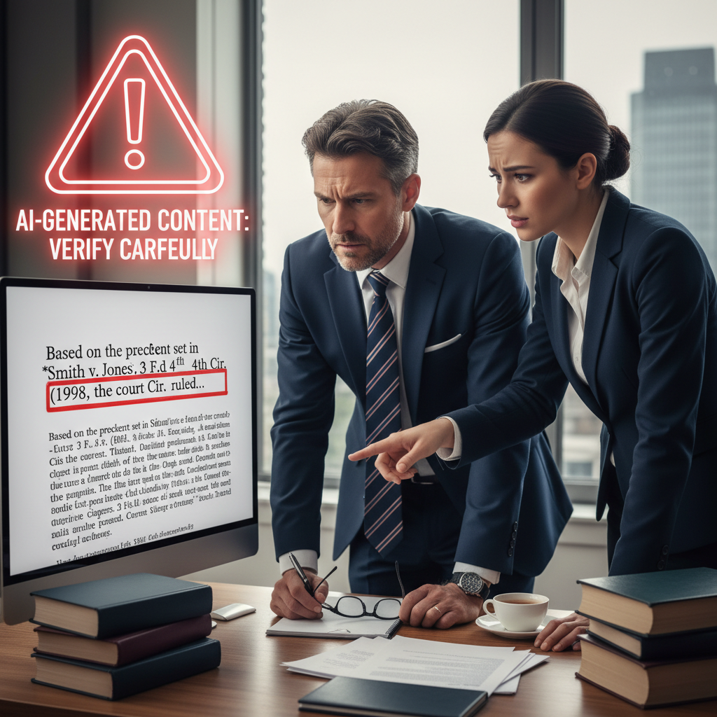 Warning sign over AI-generated legal text with hallucinated citations